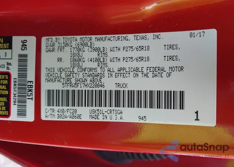 2017 Toyota Tundra Sr5 5.7L V8 z USA, uszkodzony, nr VIN 5TFRW5F17HX220046